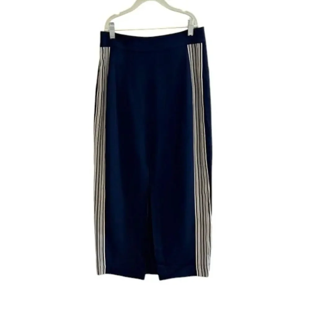REISS Pia Navy High Rise Midi Pencil Skirt Side Stripe Slit US 4 MSRP $295
